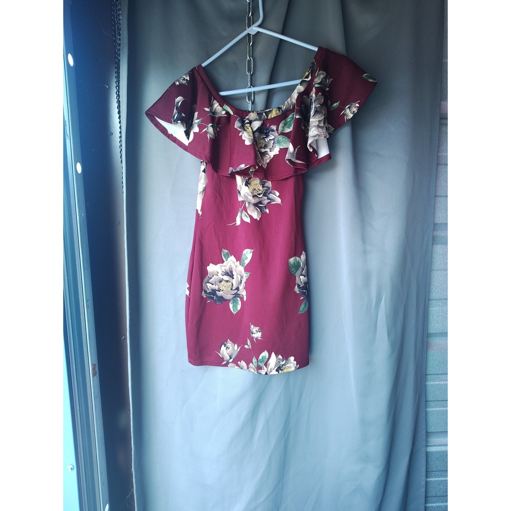Fashion Nova Burgundy Floral Off The Shoulder Ruffle Mini Dress Small Rose Print